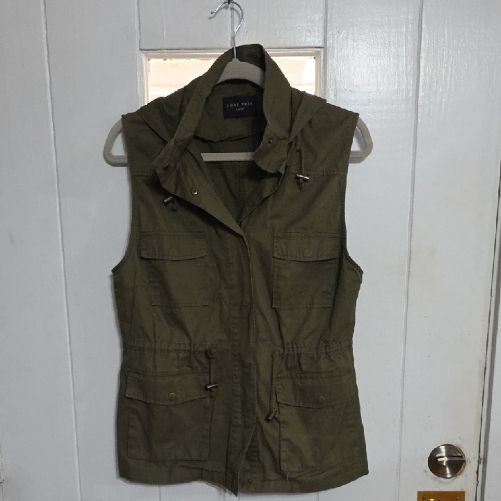 Love Tree Women's Hooded Utility Vest Jacket Khaki Green Snaps‎ Pockets Sz L EUC